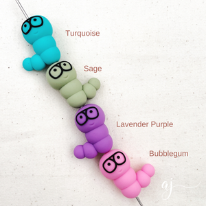 3D Bookworm with Glasses Silicone Focal Beads - CHOOSE YOUR COLOUR - 2 beads