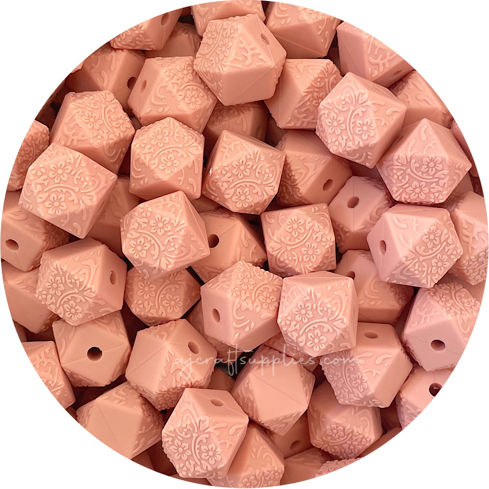 Peach - 14mm mini hexagon (Floral Embossed) Silicone Beads - 5 Beads