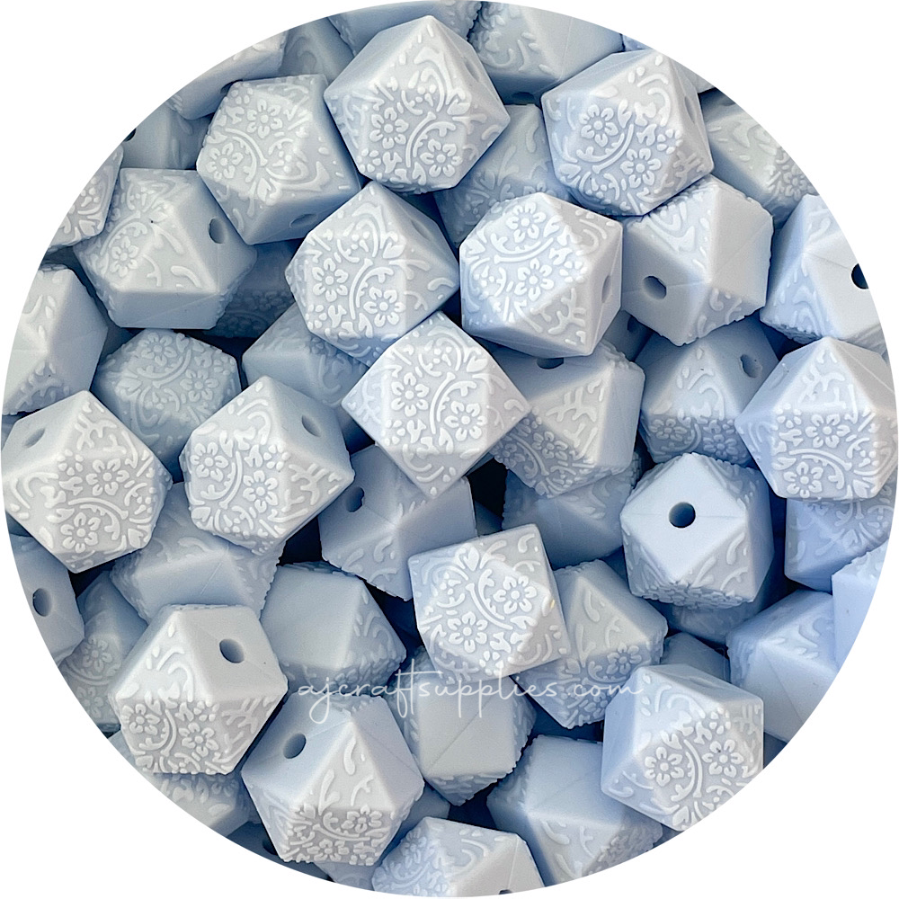 Pastel Blue - 14mm mini hexagon (Floral Embossed) Silicone Beads - 5 Beads