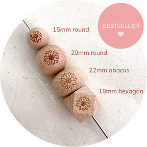 Beech Wood Engraved Beads (SUNFLOWER) - CHOOSE A SIZE - 5 beads