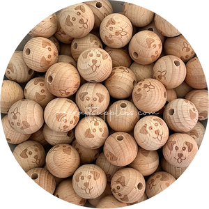 Beech Wood Engraved Beads (DOG) - CHOOSE A SIZE - 5 beads