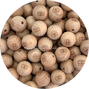 Beech Wood Engraved Beads (EVIL EYE) - CHOOSE A SIZE - 5 beads