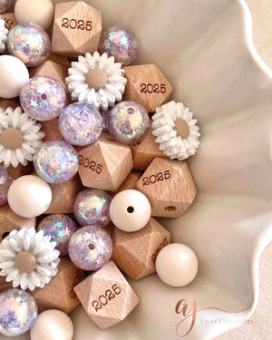 Beech Wood Engraved Beads (2025) - CHOOSE A SIZE - 5 beads