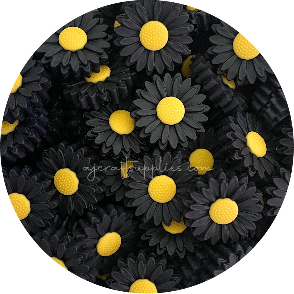 Jet Black - 30mm Large Daisy Silicone Beads - 2 beads