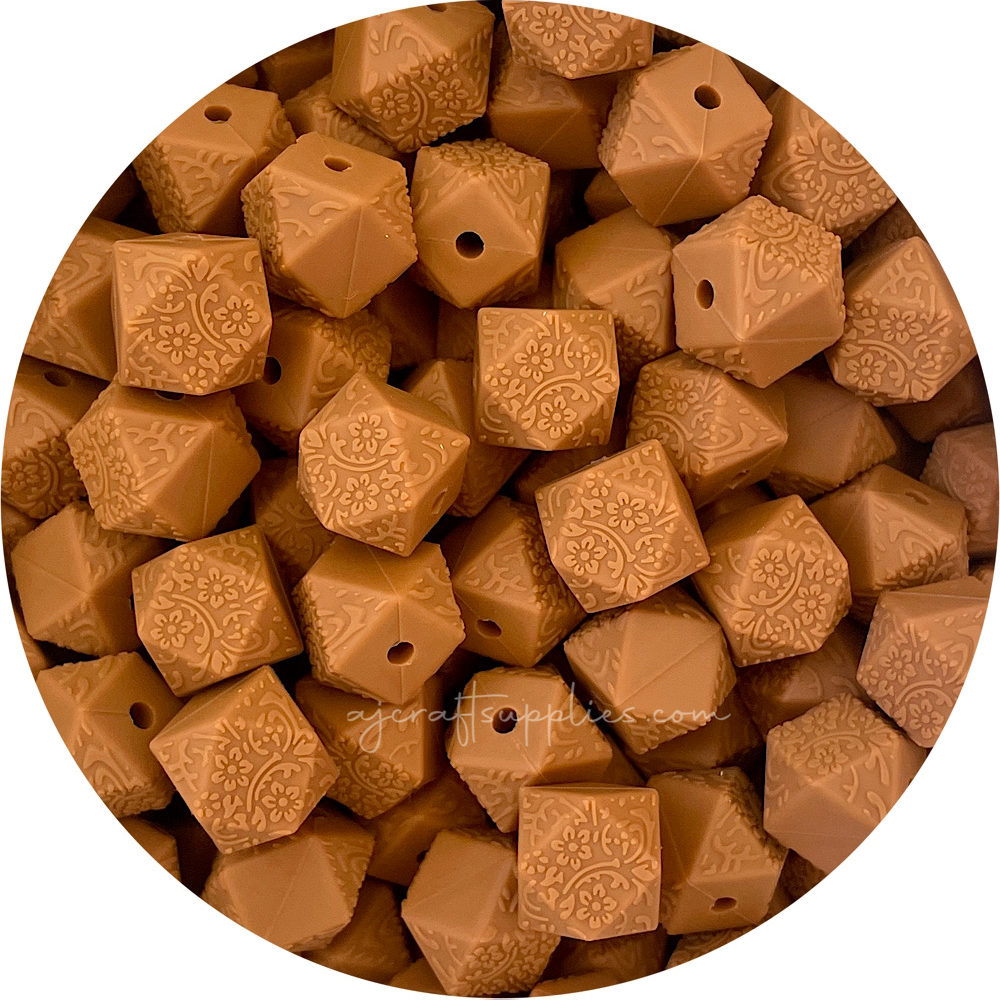 Tan - 14mm mini hexagon (Floral Embossed) Silicone Beads - 5 Beads