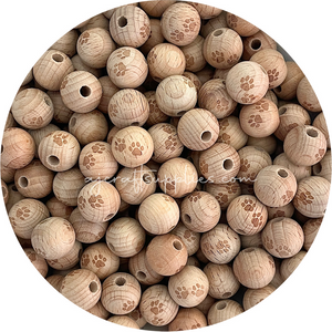 Beech Wood Engraved Beads (PAW PRINTS) - CHOOSE A SIZE - 5 beads