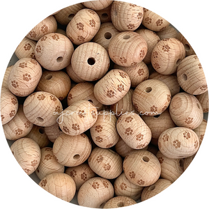 Beech Wood Engraved Beads (PAW PRINTS) - CHOOSE A SIZE - 5 beads