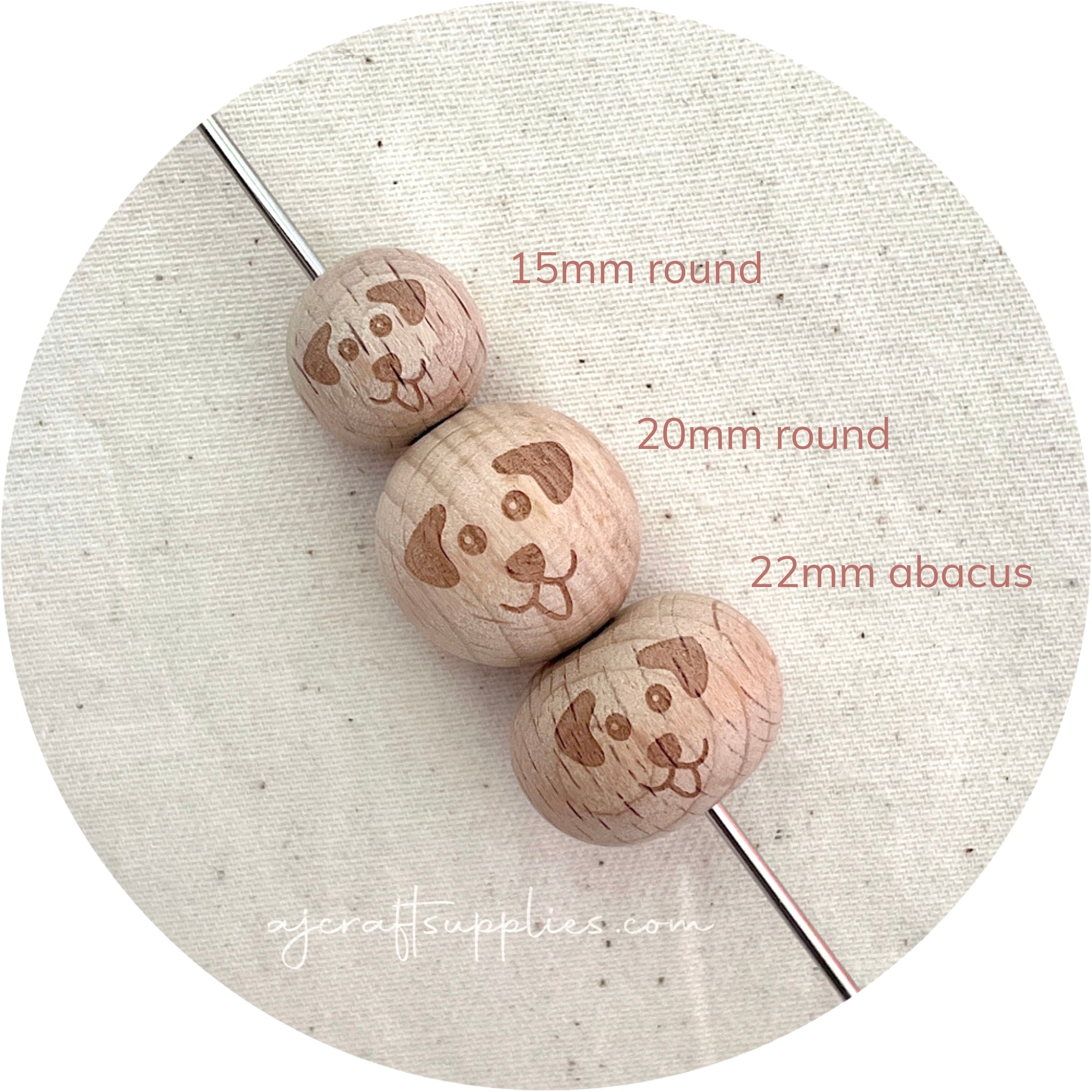 Beech Wood Engraved Beads (DOG) - CHOOSE A SIZE - 5 beads