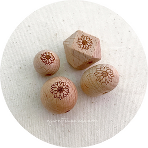 Beech Wood Engraved Beads (SUNFLOWER) - CHOOSE A SIZE - 5 beads