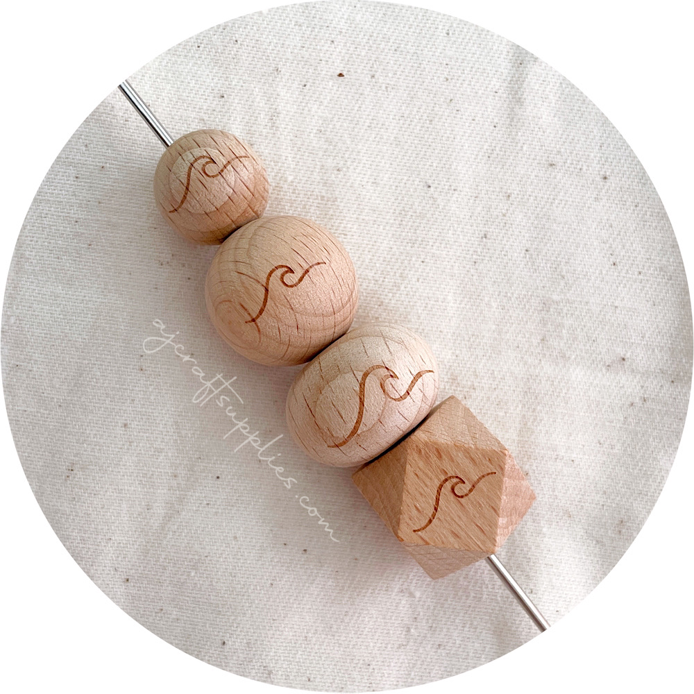 Beech Wood Engraved Beads (WAVE) - CHOOSE A SIZE - 5 beads