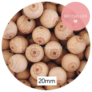 Beech Wood Engraved Beads (SUNFLOWER) - CHOOSE A SIZE - 5 beads