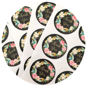 3.8cm Thank You Stickers - Floral Black - 60 stickers
