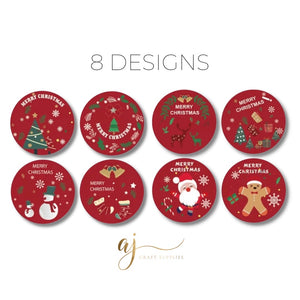 2.5cm Merry Christmas Stickers - Red - 50 stickers (8 Designs)