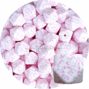 Pink Love your Boobs Print - 17mm Hexagon Silicone Beads - 5 beads