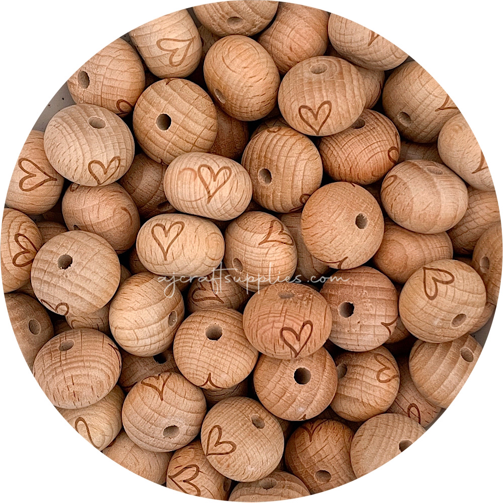 Beech Wood Engraved Beads (Whimsy Love Heart) - 22mm abacus - 5 Beads