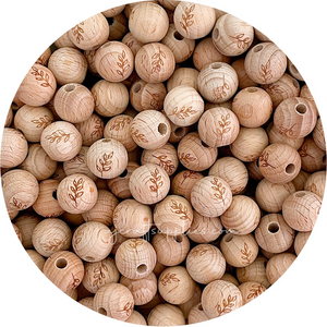 Beech Wood Engraved Beads (FERN LEAF) - CHOOSE A SIZE - 5 beads