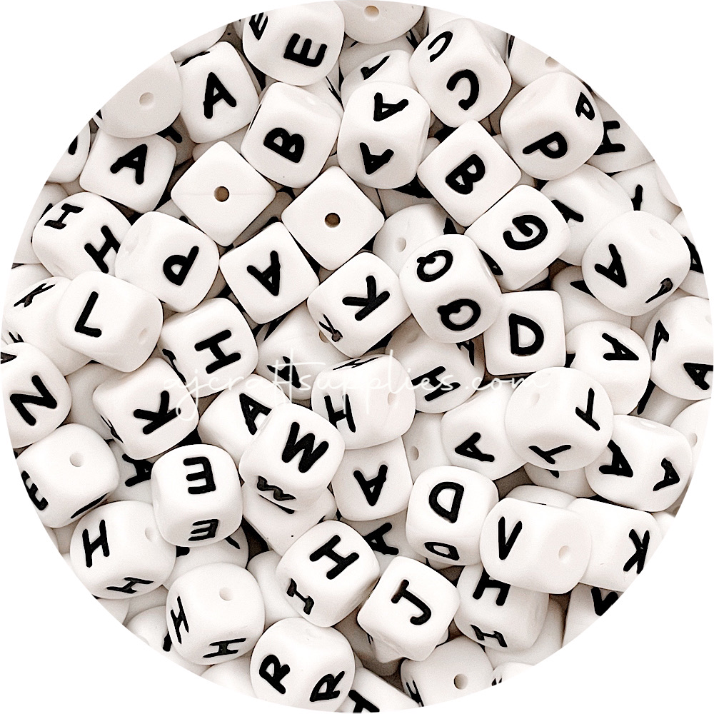 12mm Black/White Silicone Letter Beads MIXED Pack - 50 beads