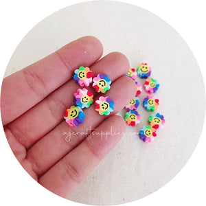 10mm Rainbow Flower Happy Face Polymer Clay Beads - CHOOSE YOUR COLOUR - 5 Beads