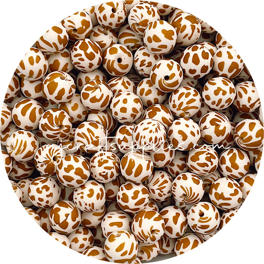 Tan Cow Print - 15mm round Silicone Beads - 10 Beads
