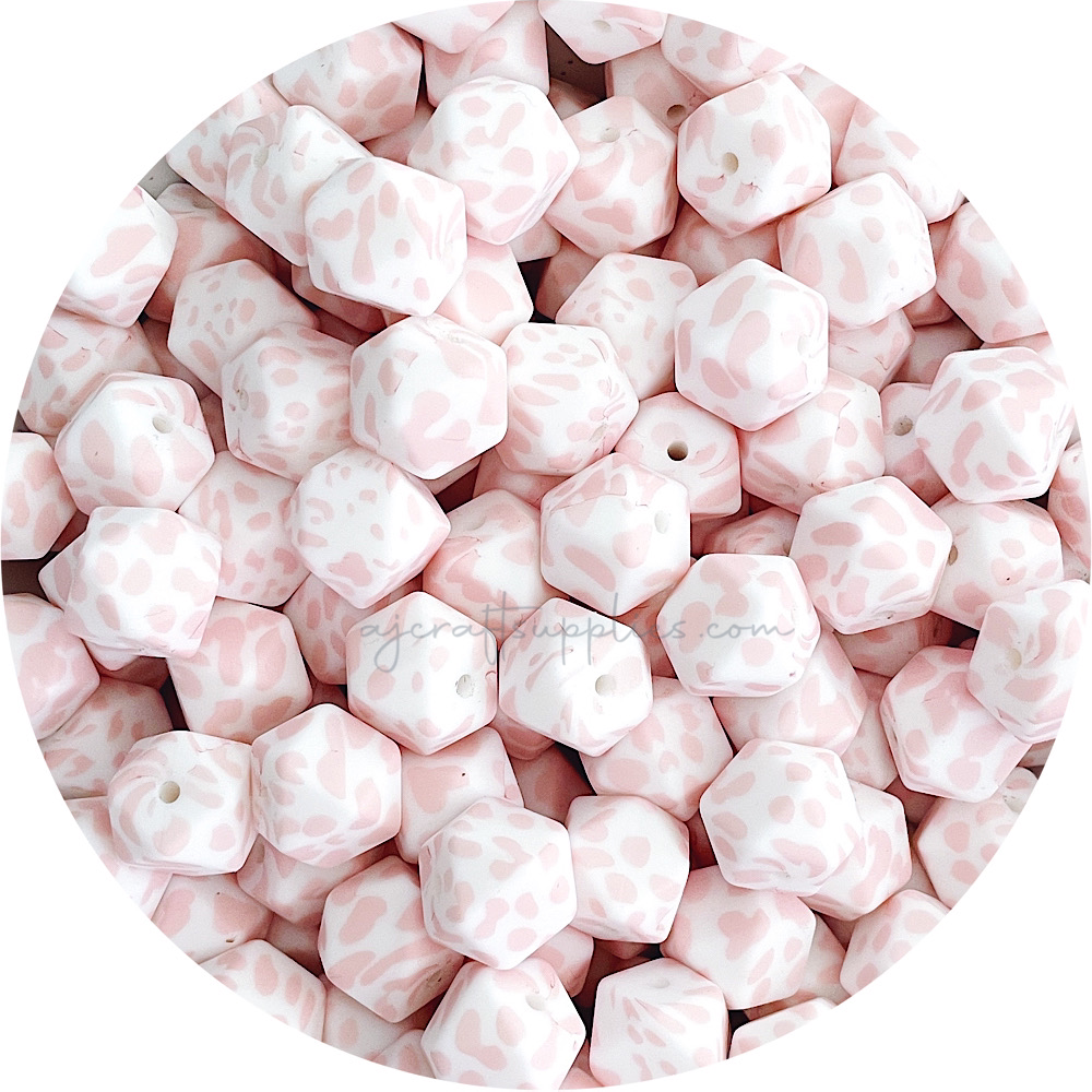 Blush Cow Print - 14mm mini hexagon Silicone Beads - 5 Beads