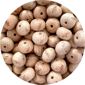 Beech Wood Engraved Beads (FERN LEAF) - CHOOSE A SIZE - 5 beads
