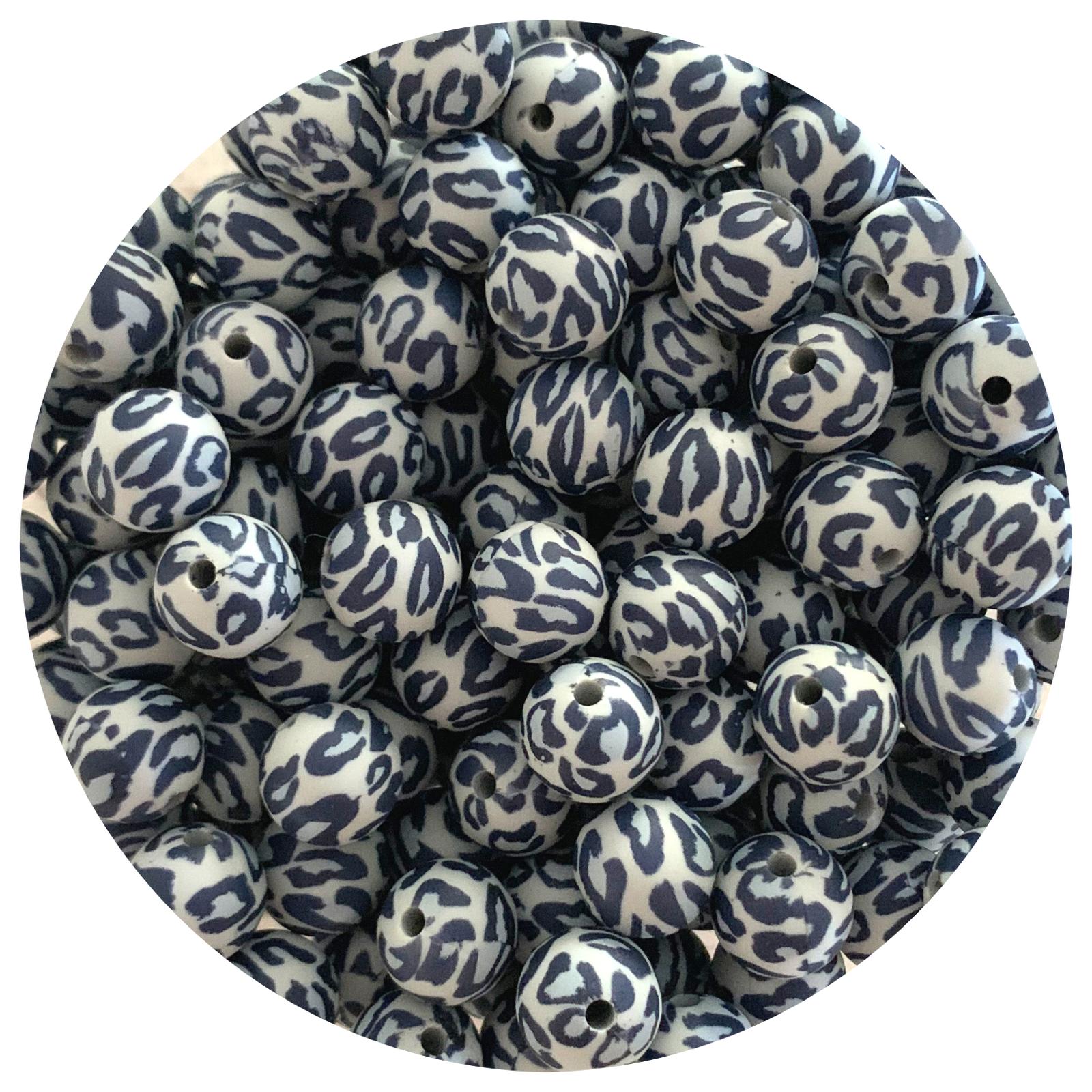 Blue Grey Leopard - 12mm Round Silicone Beads - 10 beads