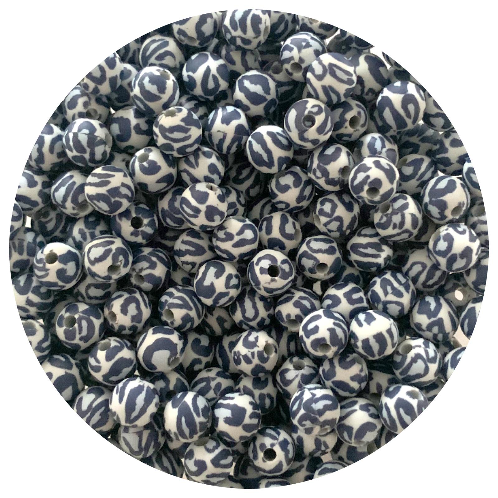 Blue Grey Leopard - 9mm Round Silicone Beads - 5 Beads