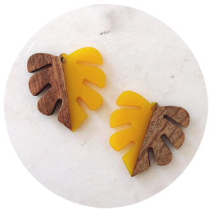 30mm Monstera Leaf Pendant - Acrylic & Wood - Mustard Yellow - Each