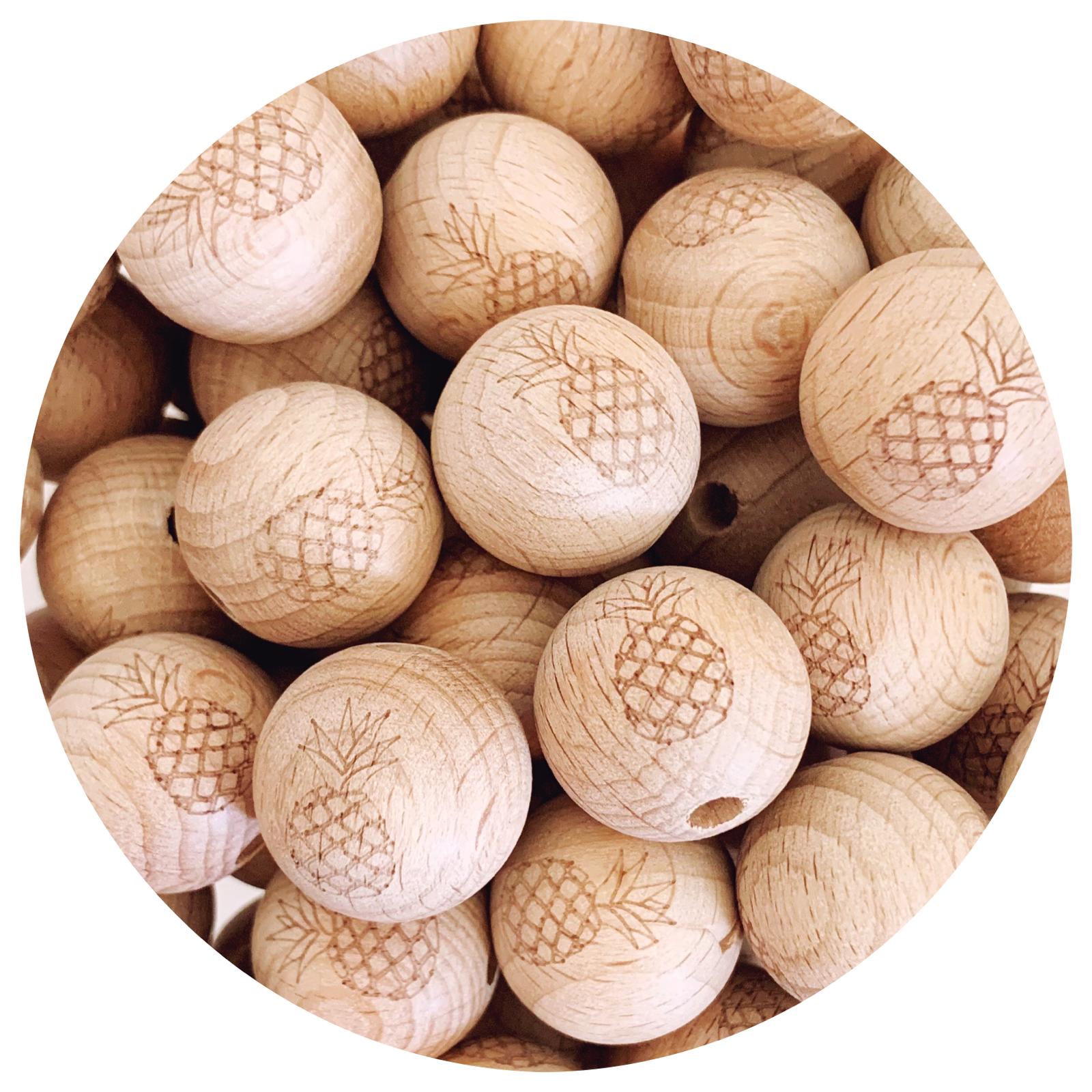 Beech Wood Engraved Beads (Pineapple) - 20mm Round - 5 beads *CLEARANCE*