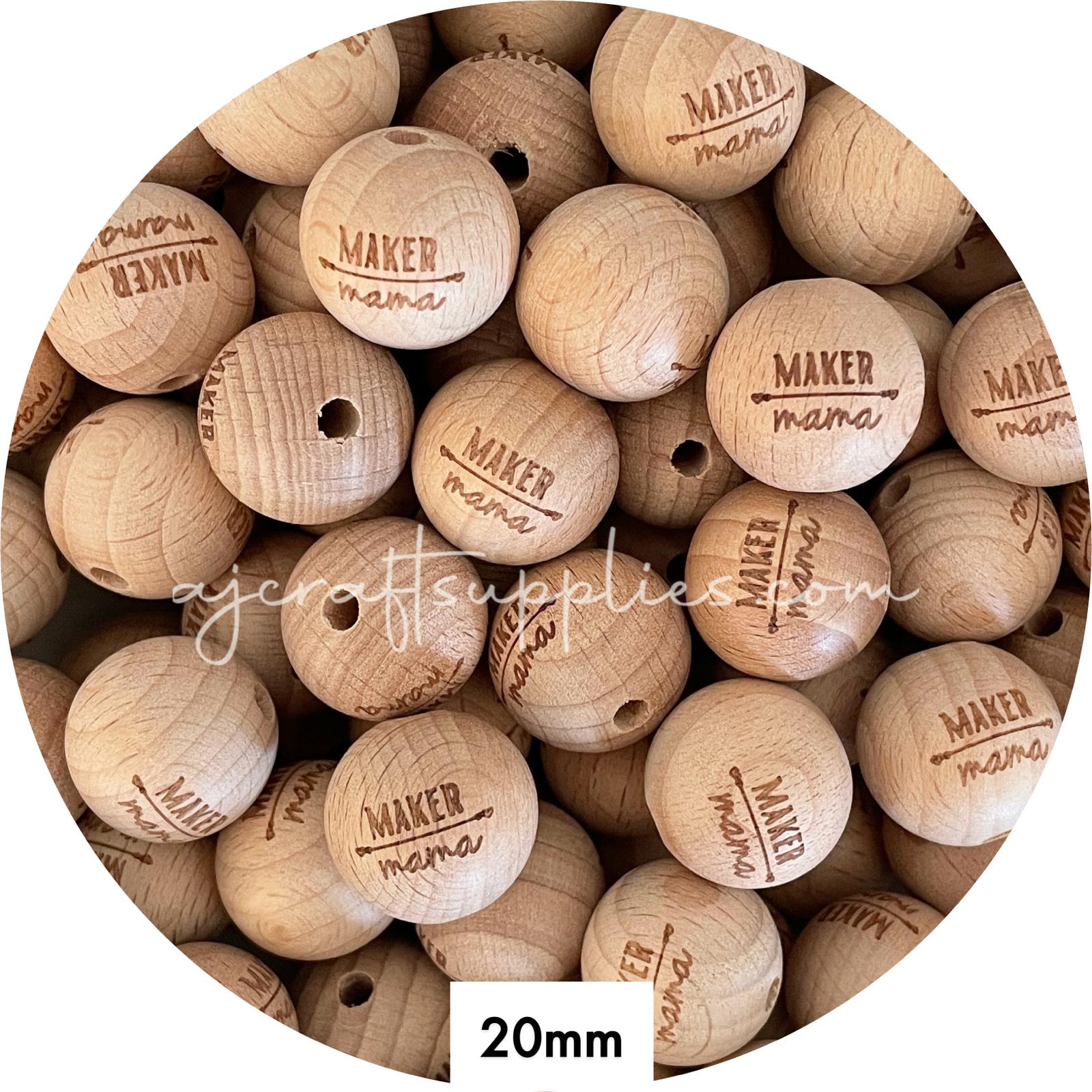 *CLEARANCE* Beech Wood Engraved Beads (Maker Mama) - 20mm Round - 5 beads *CLEARANCE*