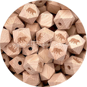 *CLEARANCE* Beech Wood Engraved Beads (Mama Bear) - 18mm Hexagon - 5 beads