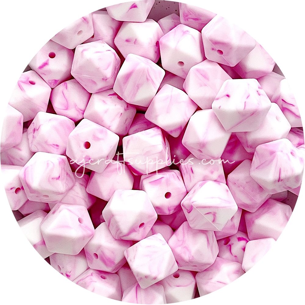Strawberry Pink Marble - 17mm Hexagon - 10 Beads