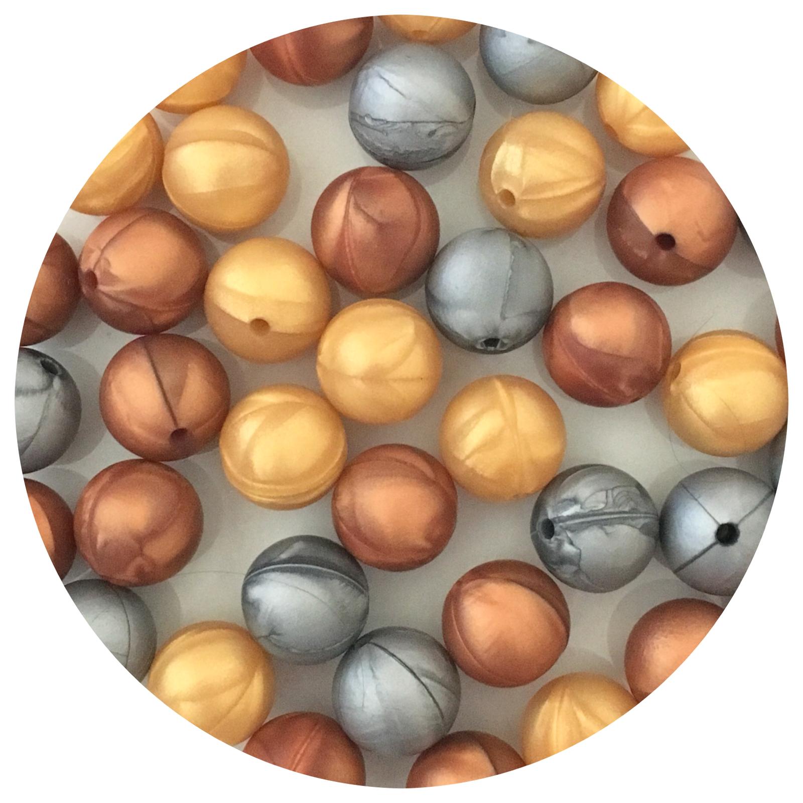 Metallic Mix - 15mm round - 30 Beads - Rose Copper, Silver & Pearl Gold