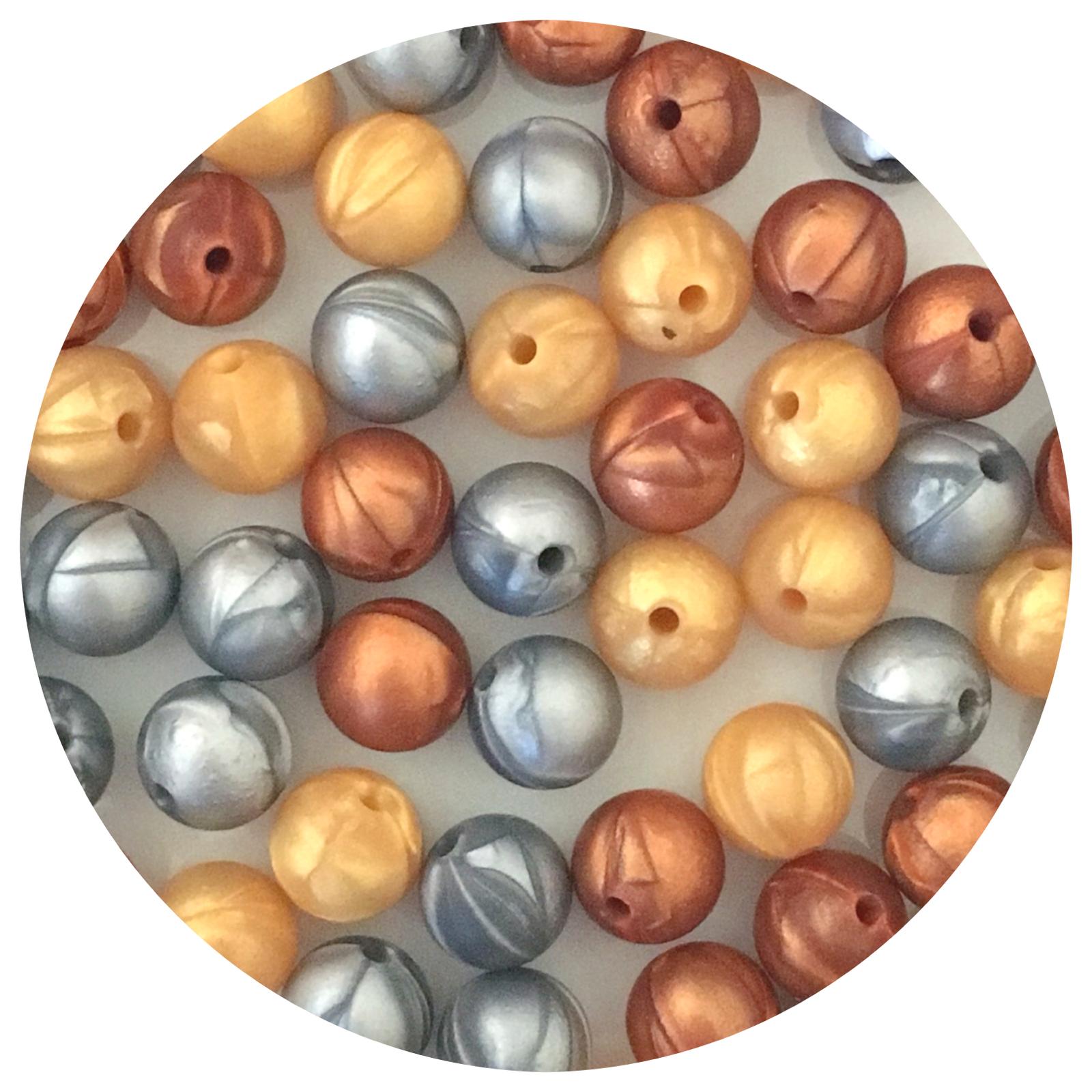 Metallic Mix - 12mm round Silicone Beads - Rose Copper, Silver & Pearl Gold - 30 Beads