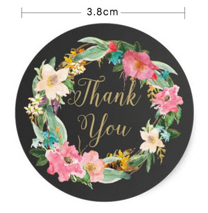 3.8cm Thank You Stickers - Floral Black - 60 stickers