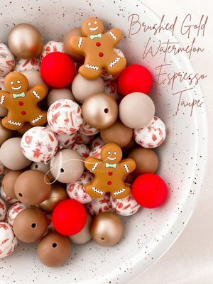 Gingerbread Man Christmas Print - 19mm round Silicone beads - 5 Beads