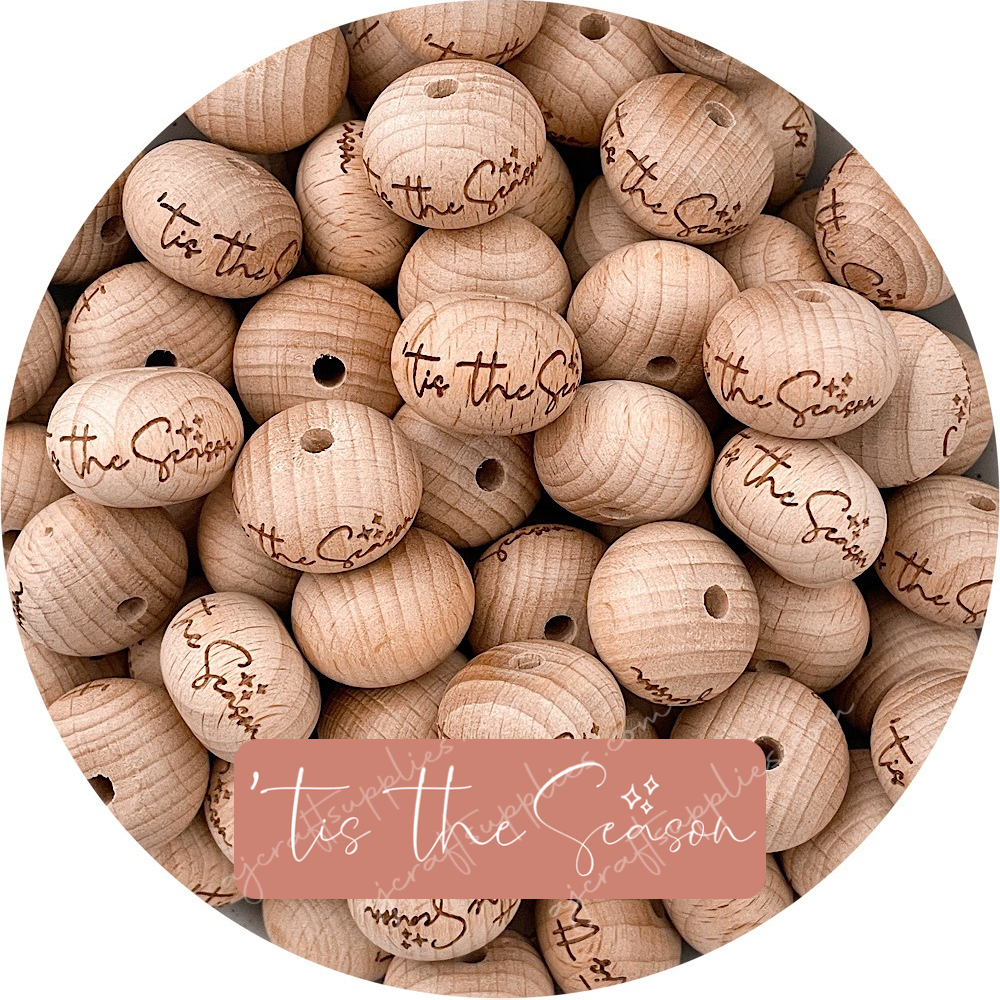 *Christmas* Beech Wood Engraved Beads ('Tis the Season) - 22mm abacus - 5 Beads