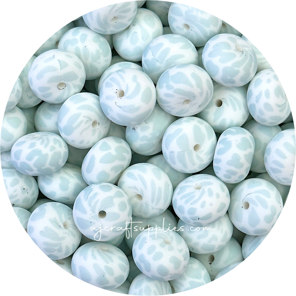 Seafoam Cow Print - 22mm abacus Silicone beads - 5 Beads