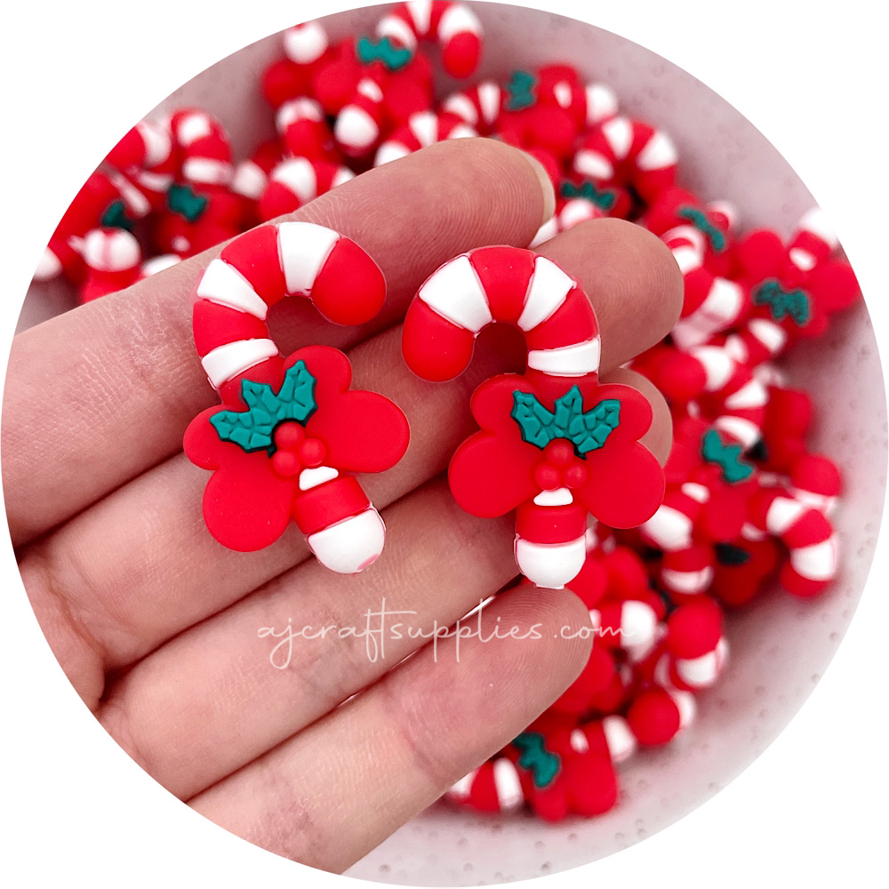 3D Christmas Candy Cane Silicone Focal Beads - 2 beads