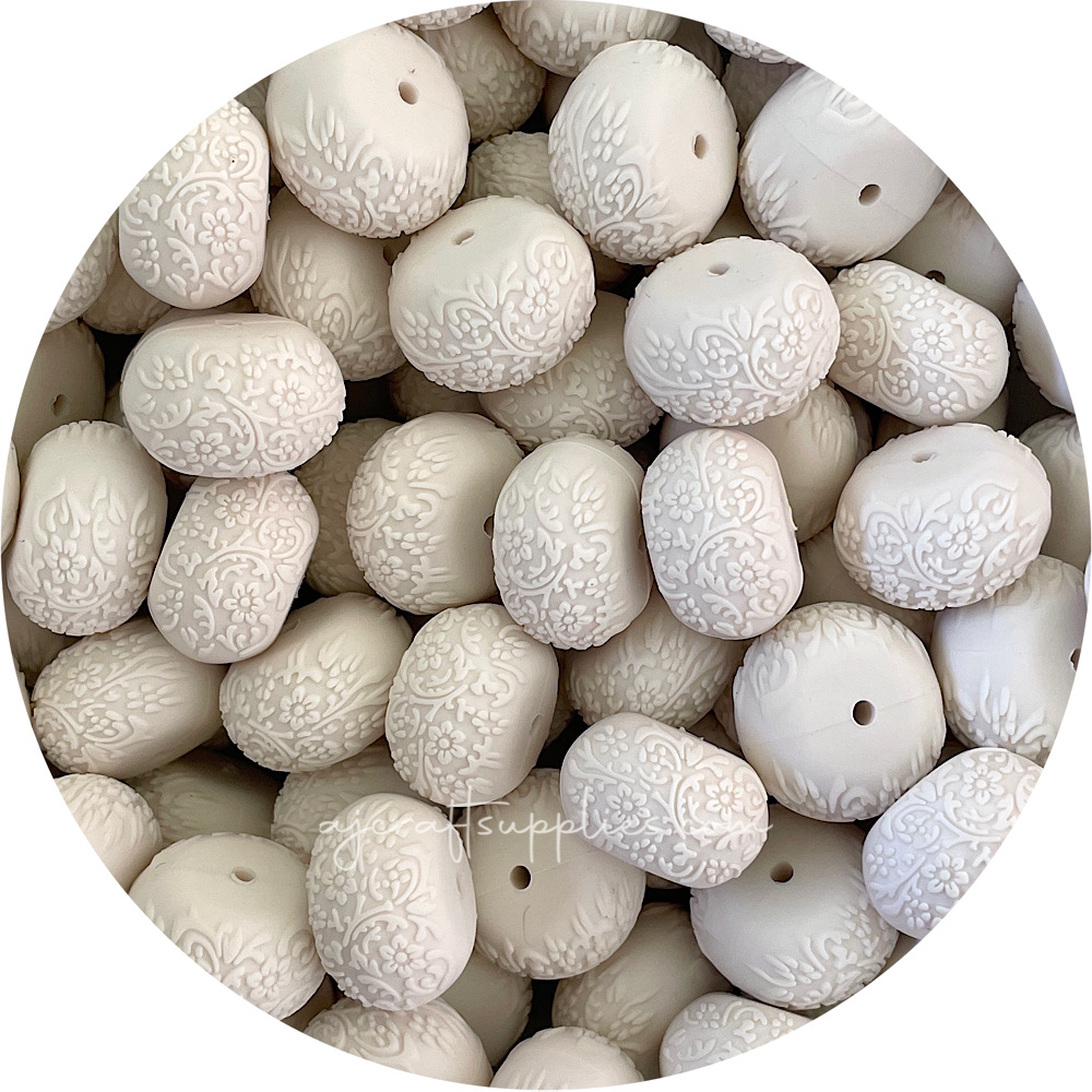 Linen - 22mm abacus (Floral Embossed) Silicone Beads - 5 Beads
