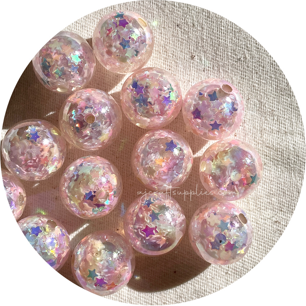 16mm Star Confetti Round Acrylic Beads - Blush Pink - 5 Beads