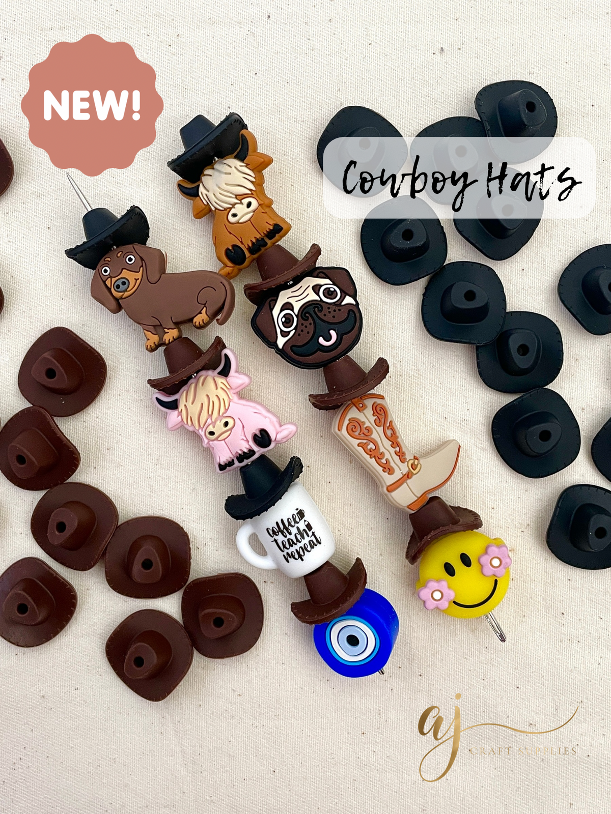 3D Cowboy Hat Silicone Beads - CHOOSE YOUR COLOUR - 2 beads