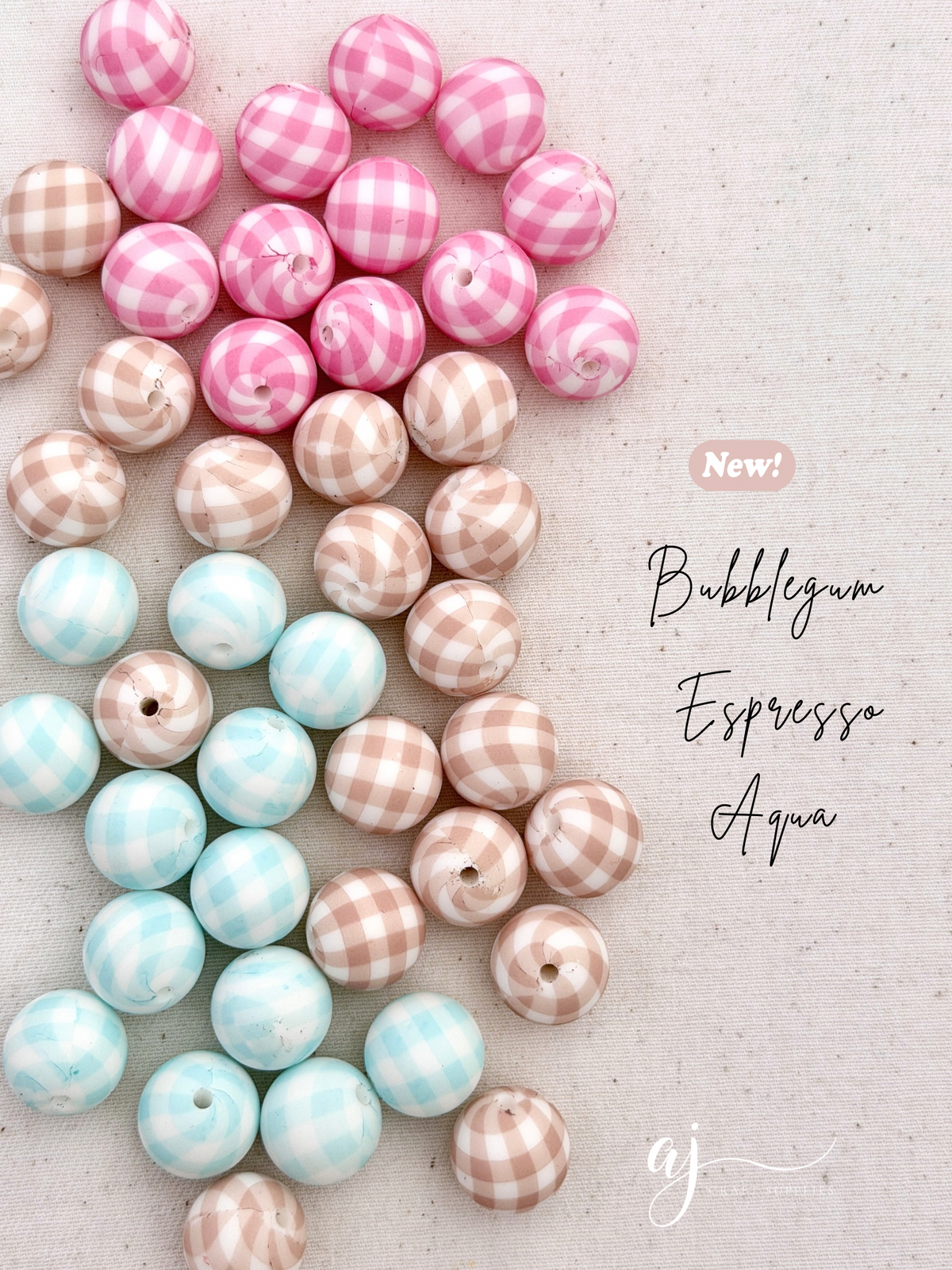 Bubblegum Pink Gingham Print - 22mm abacus Silicone beads - 5 Beads