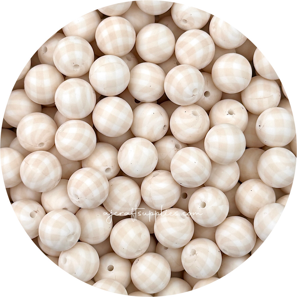 Oatmeal Gingham Print - 15mm round Silicone Beads - 10 Beads