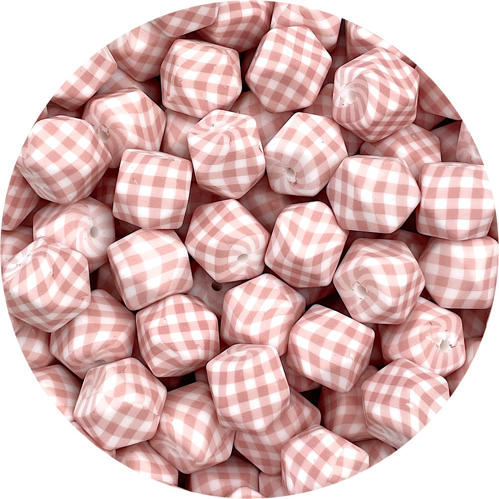 Nude Gingham Print - 17mm hexagon Silicone Beads - 10 Beads