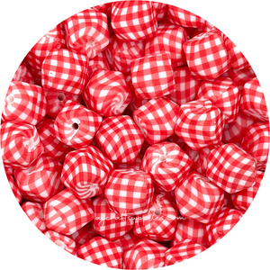 Watermelon Red Gingham Print - 17mm hexagon Silicone Beads - 10 Beads