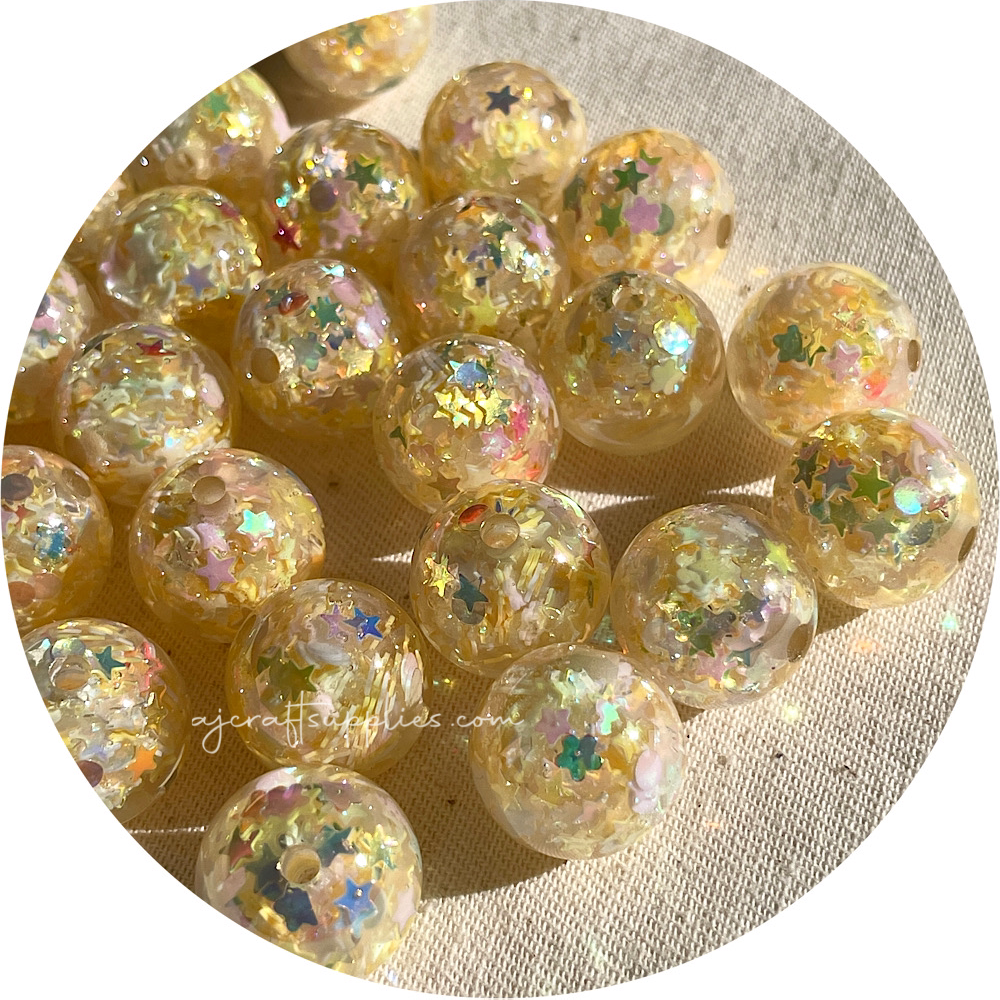 16mm Star Confetti Round Acrylic Beads - Buttery Yellow - 5 Beads