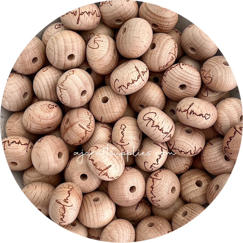 Beech Wood Engraved Beads (Mama, Grandma, Aunt, Godmother or Sister) - 22mm abacus - 5 Beads
