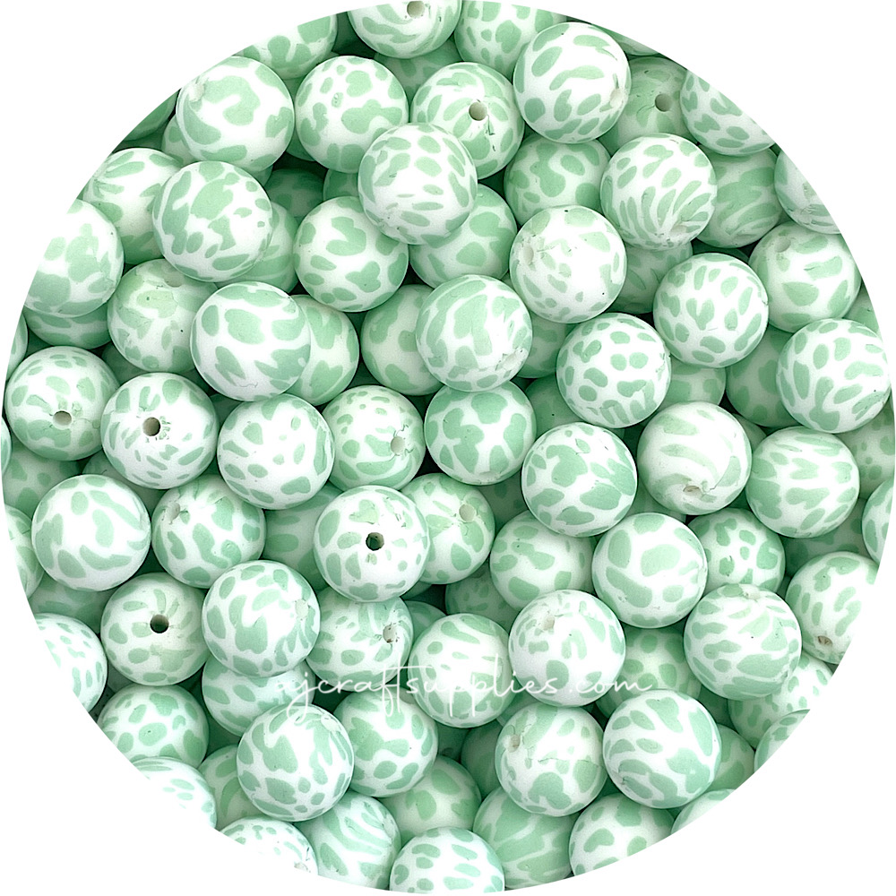 Mint Cow Print - 15mm round Silicone Beads - 10 Beads