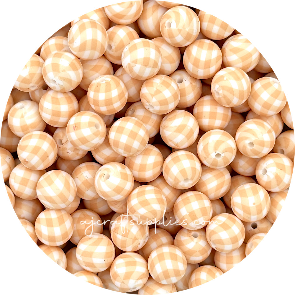 Peach Gingham Print - 15mm round Silicone Beads - 10 Beads